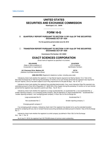 Miniature Exact Sciences 10-Q Rapport trimestriel 2018 