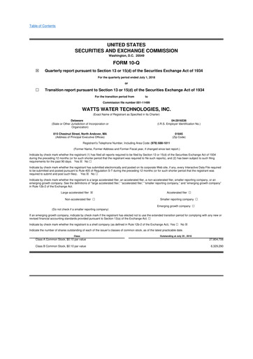 Miniature Watts Water Technologies
 10-Q Rapport trimestriel 2018 