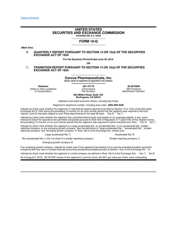 Thumbnail Corvus Pharmaceuticals
 10-Q Quarterly Report FY2018 