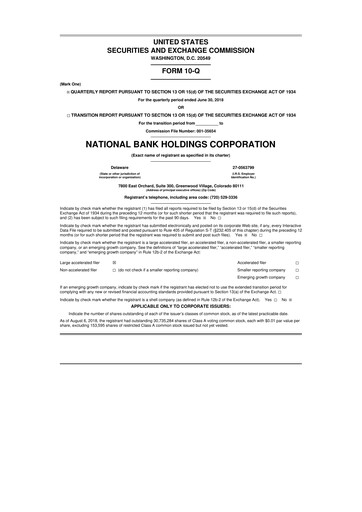 Thumbnail National Bank Holdings
 10-Q Quarterly Report FY2018 