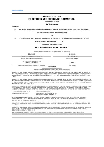 Miniature Golden Minerals
 10-Q Rapport trimestriel 2018 