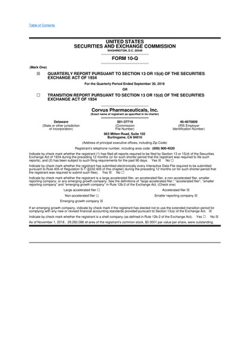 Thumbnail Corvus Pharmaceuticals
 10-Q Quarterly Report FY2018 