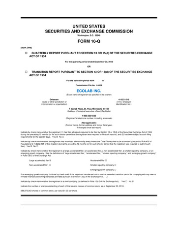 Miniature Ecolab 10-Q Rapport trimestriel 2018 