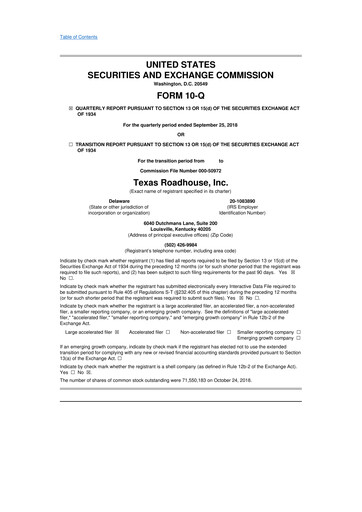 Thumbnail Texas Roadhouse
 10-Q Quarterly Report FY2018 