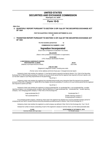 Thumbnail Ingredion 10-Q Quarterly Report FY2018 