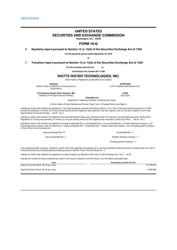 Miniature Watts Water Technologies
 10-Q Rapport trimestriel 2018 