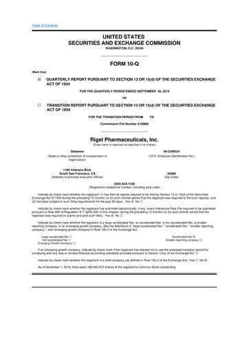 Thumbnail Rigel Pharmaceuticals 10-Q Quarterly Report FY2018 