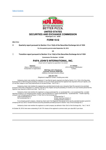 Thumbnail Papa John's Pizza
 10-Q Quarterly Report FY2018 