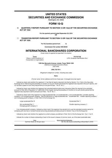 Thumbnail International Bancshares Corp 10-Q Quarterly Report FY2018 