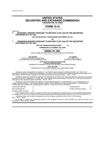 Thumbnail Ardelyx 10-Q Quarterly Report FY2018 