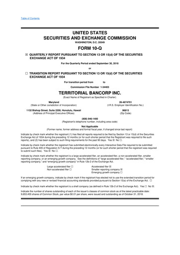 Miniature Territorial Bancorp
 10-Q Rapport trimestriel 2018 