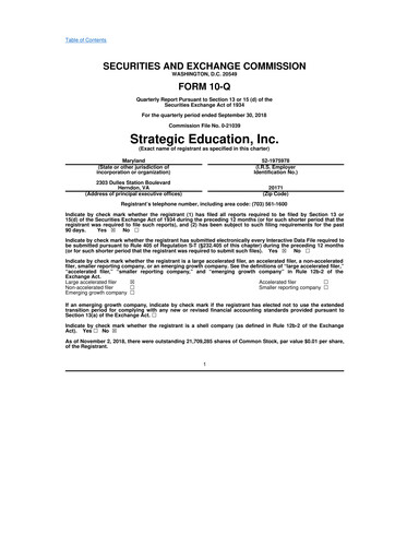 Thumbnail Strategic Education
 10-Q Quarterly Report FY2018 