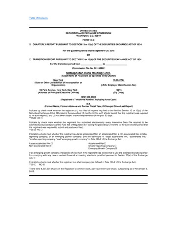 Thumbnail Metropolitan Bank Holding 10-Q Quarterly Report FY2018 