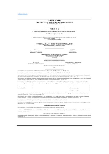 Thumbnail National Bank Holdings
 10-K Annual Report 2018