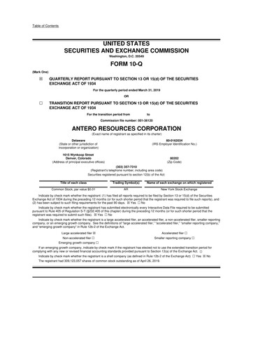 Thumbnail Antero Resources
 10-Q Quarterly Report FY2019 