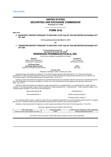 Thumbnail Ironwood Pharmaceuticals
 10-Q Quarterly Report FY2019 