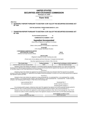 Thumbnail Ingredion 10-Q Quarterly Report FY2019 