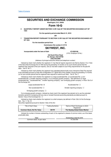 Thumbnail SkyWest 10-Q Quarterly Report FY2019 