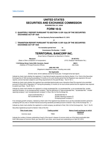 Miniature Territorial Bancorp
 10-Q Rapport trimestriel  