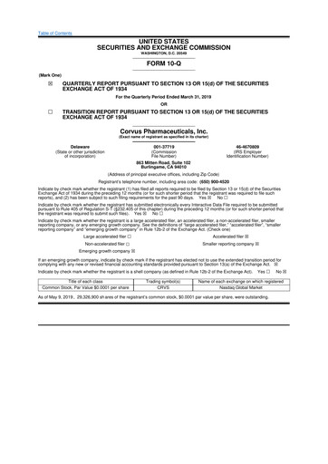 Thumbnail Corvus Pharmaceuticals
 10-Q Quarterly Report FY2019 