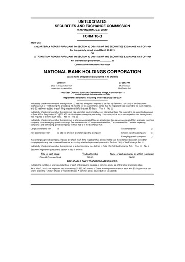 Thumbnail National Bank Holdings
 10-Q Quarterly Report FY2019 