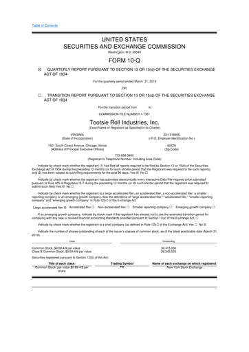 Miniature Tootsie Roll Industries
 10-Q Rapport trimestriel 2019 