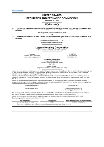 Thumbnail Legacy Housing Corporation 10-Q Quarterly Report FY2019 