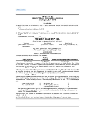 Thumbnail Pioneer Bancorp 10-Q Quarterly Report FY2019 