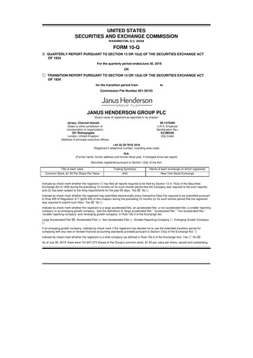 Miniature Janus Henderson
 10-Q Rapport trimestriel 2019 