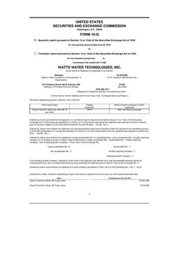 Miniature Watts Water Technologies
 10-Q Rapport trimestriel 2019 