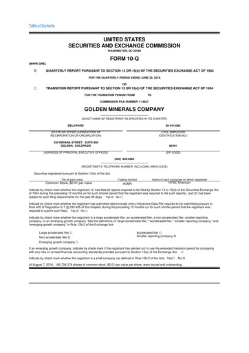 Miniature Golden Minerals
 10-Q Rapport trimestriel 2019 