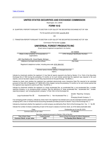 Miniature UFP Industries
 10-Q Rapport trimestriel 2019 