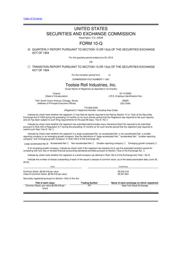 Miniature Tootsie Roll Industries
 10-Q Rapport trimestriel 2019 