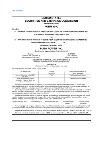 Thumbnail Plug Power 10-Q Quarterly Report FY2019 