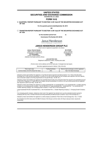 Miniature Janus Henderson
 10-Q Rapport trimestriel 2019 