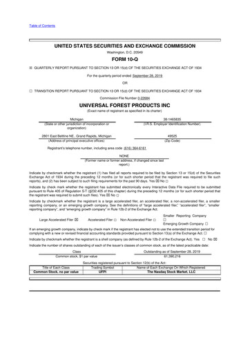 Miniature UFP Industries
 10-Q Rapport trimestriel 2019 