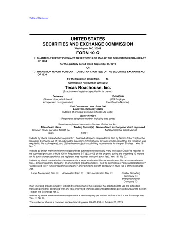 Thumbnail Texas Roadhouse
 10-Q Quarterly Report FY2019 