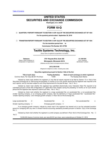 Thumbnail Tactile Medical 10-Q Quarterly Report FY2019 