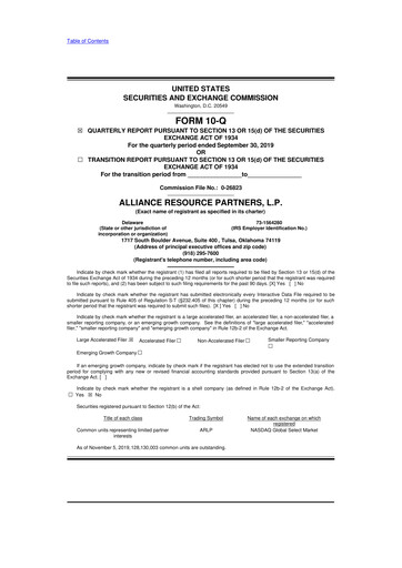 Vorschaubild Alliance Resource Partners 10-Q Quartalsbericht  