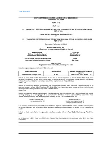 Thumbnail HarborOne Bancorp
 10-Q Quarterly Report FY2019 