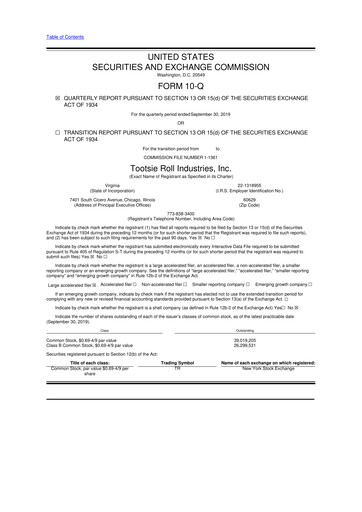 Miniature Tootsie Roll Industries
 10-Q Rapport trimestriel 2019 