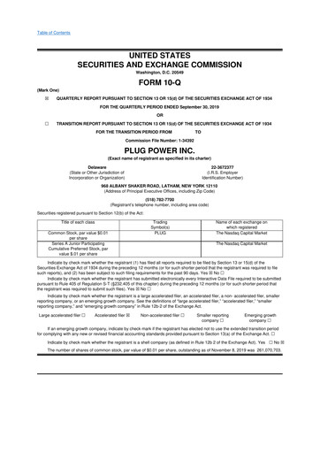 Thumbnail Plug Power 10-Q Quarterly Report FY2019 