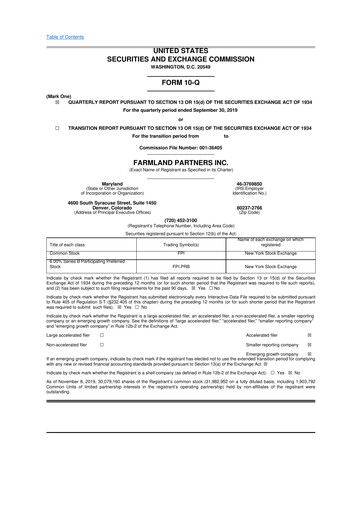 Thumbnail Farmland Partners
 10-Q Quarterly Report FY2019 