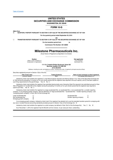 Thumbnail Milestone Pharmaceuticals
 10-Q Quarterly Report FY2019 
