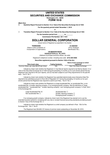 Miniature Dollar General 10-Q Rapport trimestriel 2019 