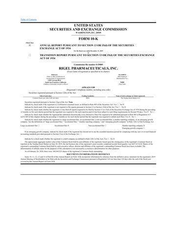 Thumbnail Rigel Pharmaceuticals 10-K Annual Report 2019