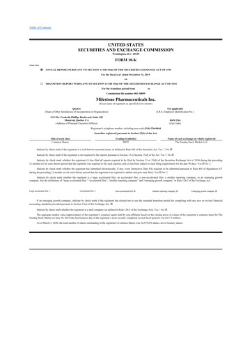 Thumbnail Milestone Pharmaceuticals
 10-K Annual Report 2019