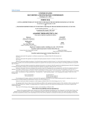 Thumbnail Axsome Therapeutics
 10-K Annual Report 2019