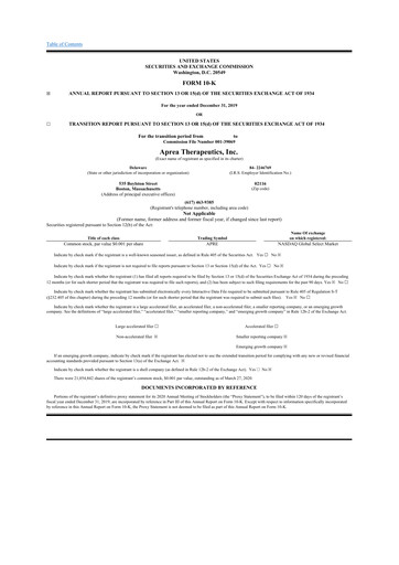 Miniature Aprea Therapeutics 10-K Rapport annuel 2019