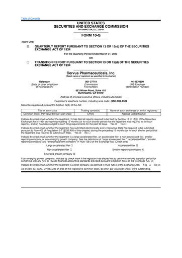 Thumbnail Corvus Pharmaceuticals
 10-Q Quarterly Report FY2020 